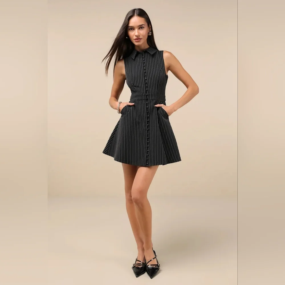 Lulus Totally Poised Black Pinstriped Collared Mini Dress With Pockets - Picture 3 of 7